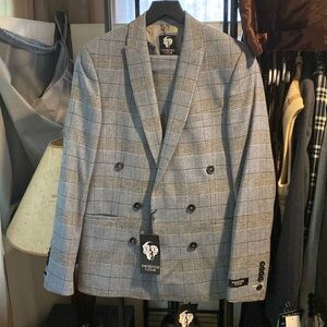 Twisted Tailor houndstooth plaid, blue and black suit, pants + jacket 38R / 32R